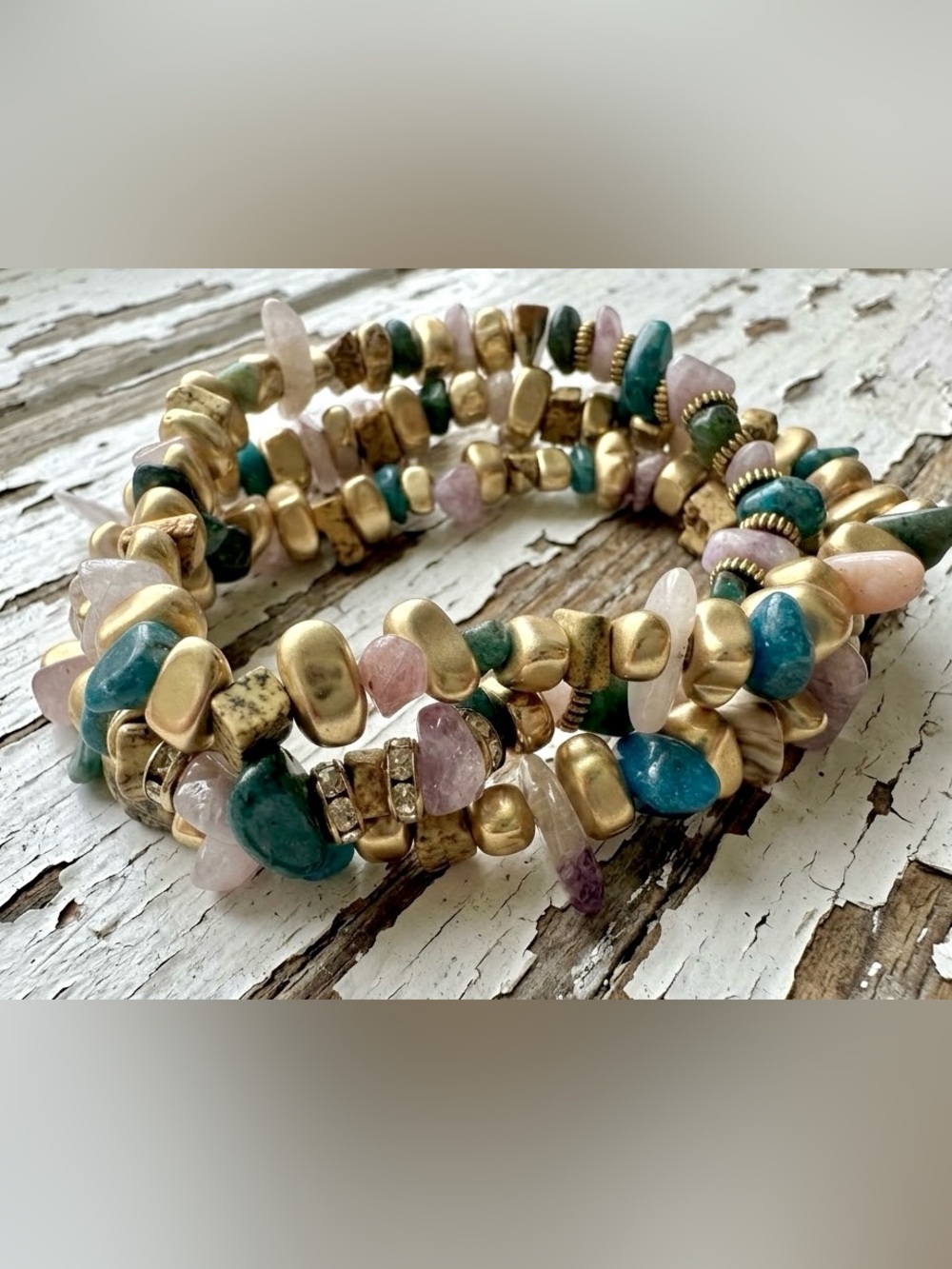 Boho Triple Wrap Quartz, Jasper & Tanzanite Stretchy Bracelet